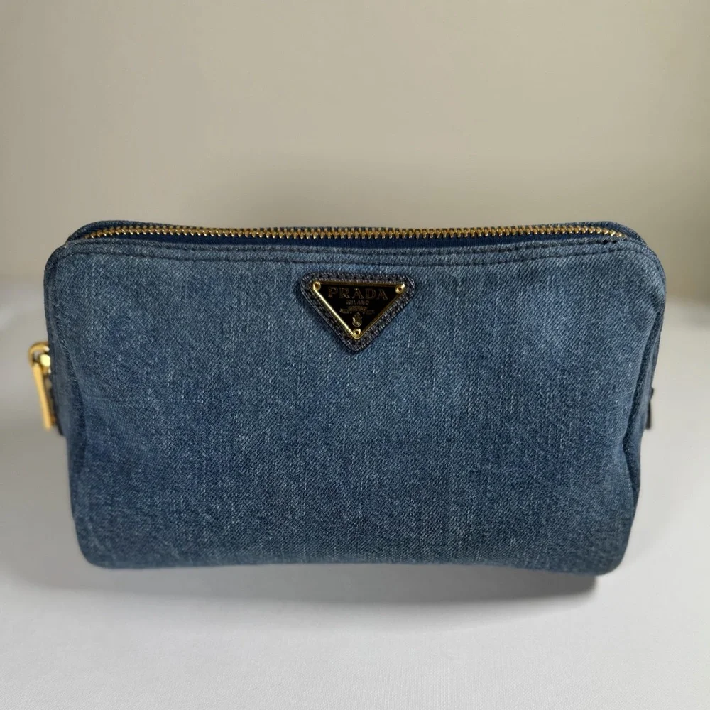 Prada Blue Denim Triangle Logo Pouch with Gold Hardware - Picture 3 of 16